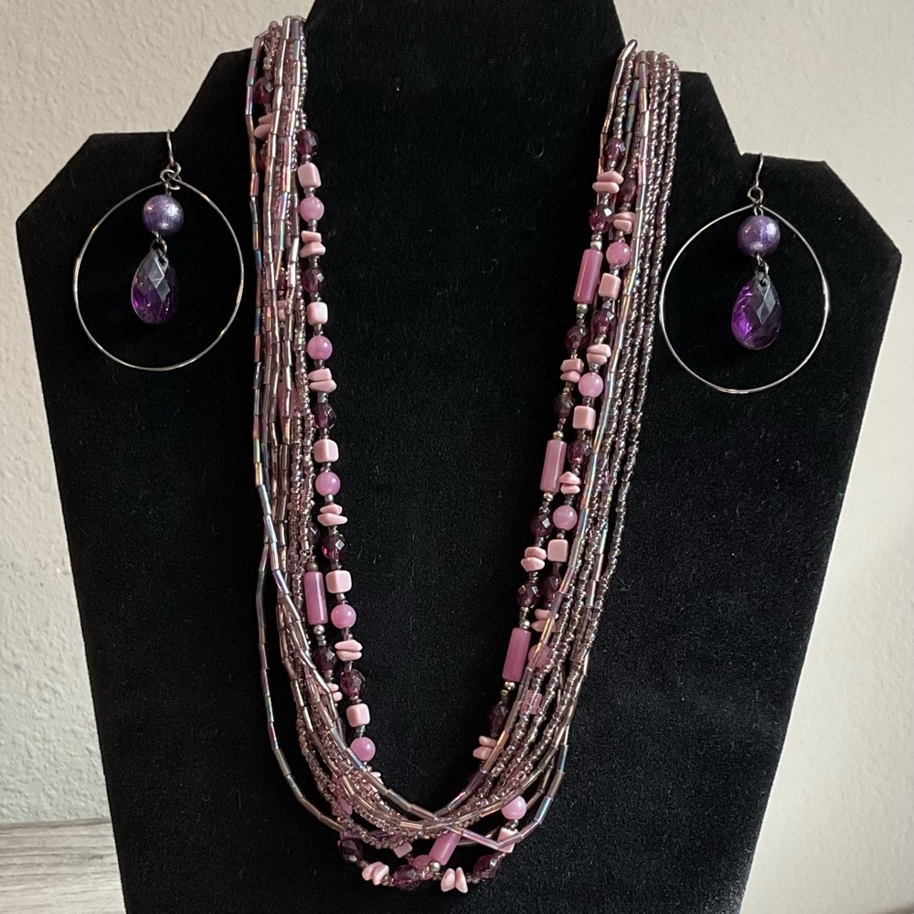 Elegant Pink and Purple Beaded Necklace and Earrings